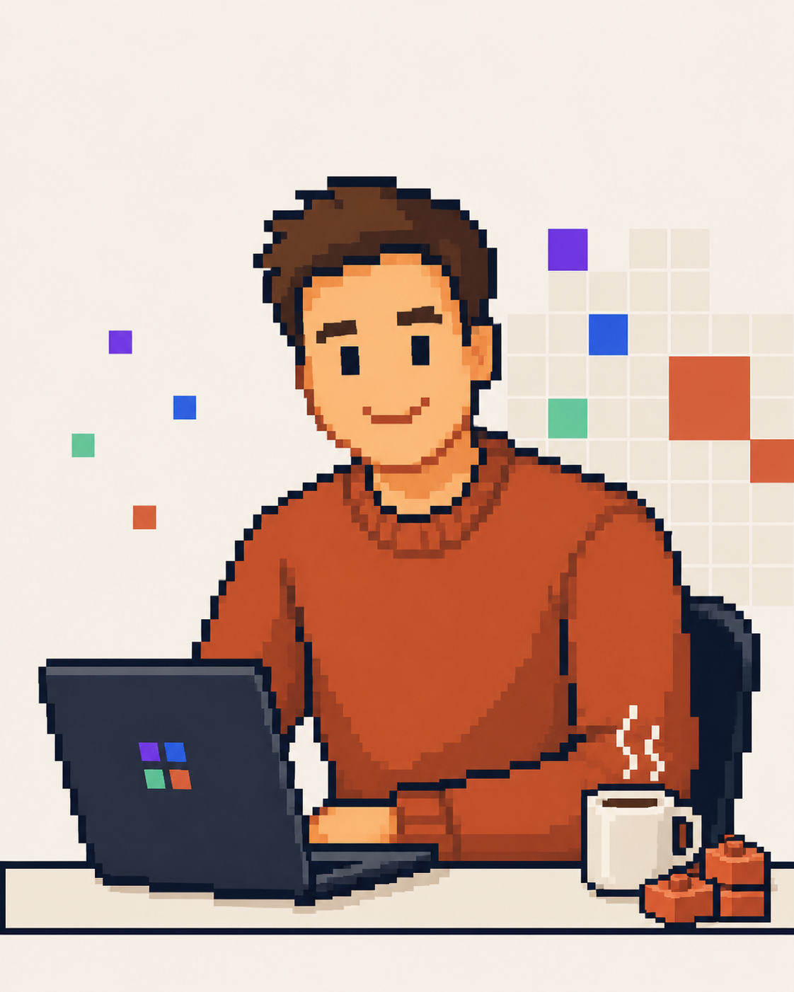 Pixel-style illustration of The Dutch Guy working behind a laptop with colourful pixels and bricks around him